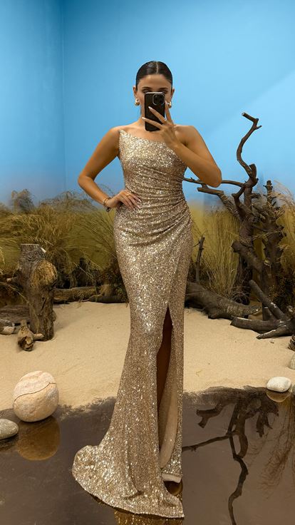 Gold Strapless Sequined Evening Dress
