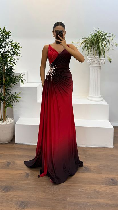 Red Strapless Waist Embroidery Detail Evening Dress