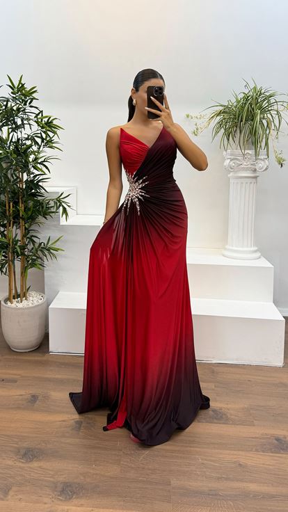Red Strapless Waist Embroidery Detail Evening Dress