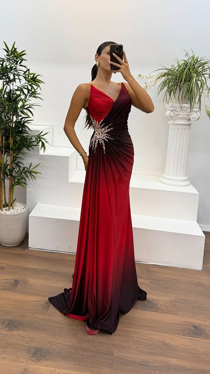 Red Strapless Waist Embroidery Detail Evening Dress