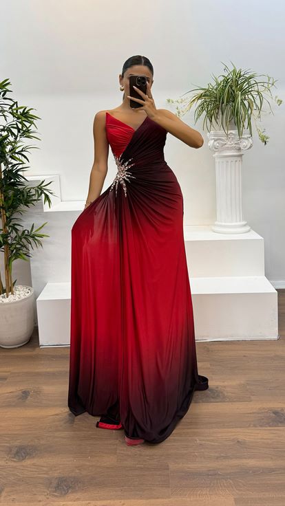 Red Strapless Waist Embroidery Detail Evening Dress