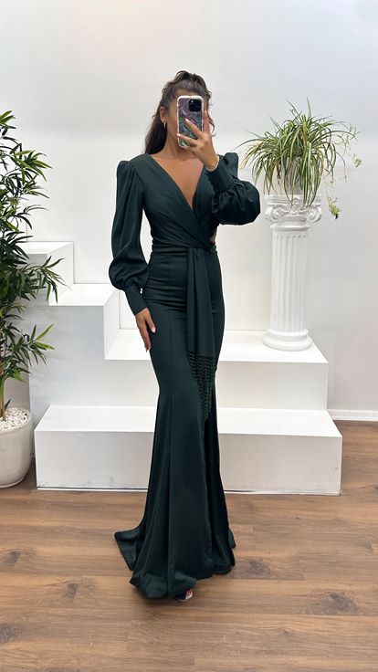 Emerald Green V Neck Long Sleeved Evening Dress with Waist Detail