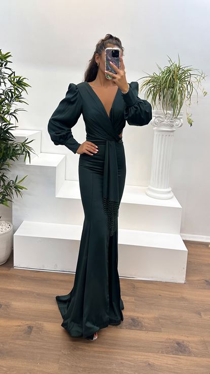 Emerald Green V Neck Long Sleeved Evening Dress with Waist Detail