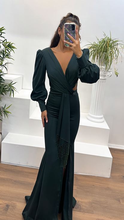 Emerald Green V Neck Long Sleeved Evening Dress with Waist Detail