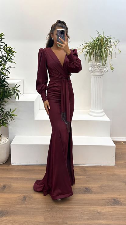 Burgundy V-Neck Waist Detail Long Sleeve Evening Dress