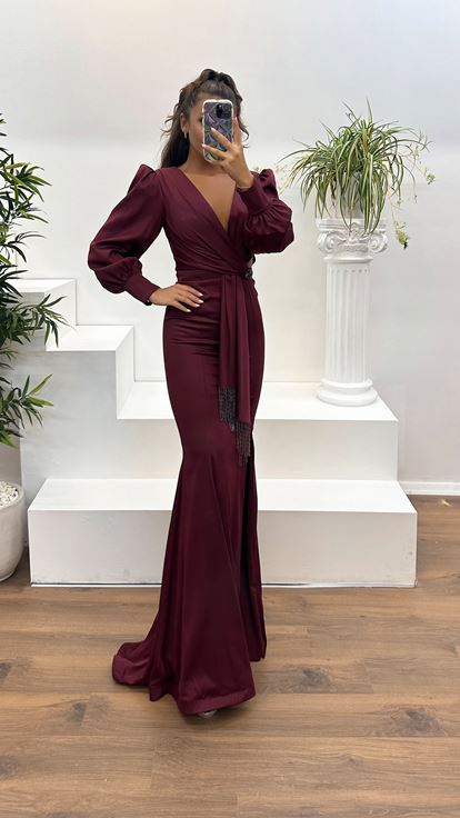 Burgundy V-Neck Waist Detail Long Sleeve Evening Dress