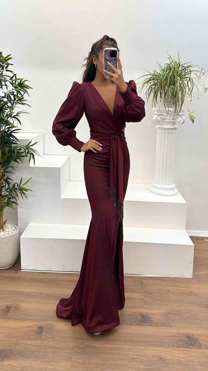 Burgundy V-Neck Waist Detail Long Sleeve Evening Dress