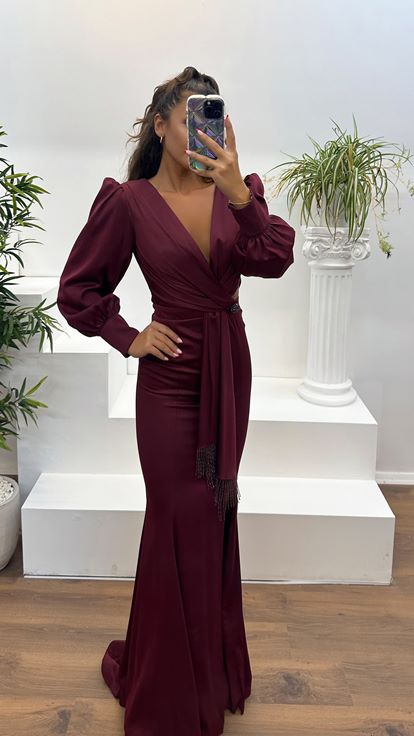 Burgundy V-Neck Waist Detail Long Sleeve Evening Dress