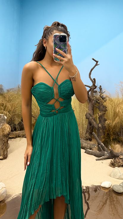 Aqua Green Strappy Pleated Evening Dress with Waist Detail