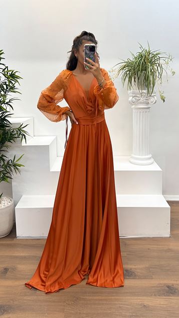 Vestido de noche con cuello en V y manga globo en mosaico