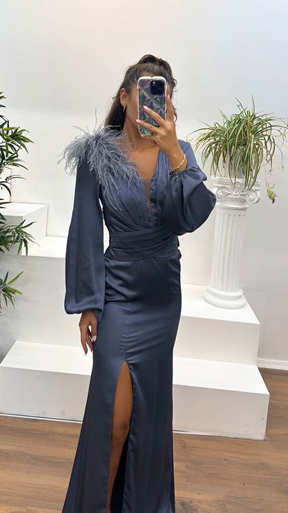 Antrasit Uzun Kollu Yaka Tüy Detay Abiye Elbise