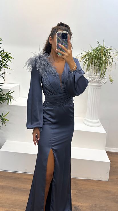 Antrasit Uzun Kollu Yaka Tüy Detay Abiye Elbise