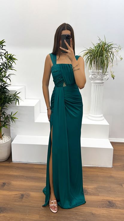 Smaragdgrünes  trägerloses Abendkleid mit Brustdrapierung