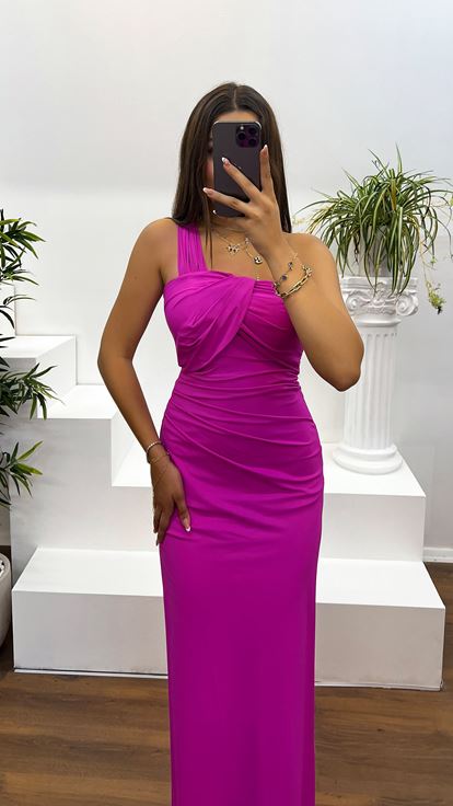 Fuşya Tek Omuz Yırtmaç Detay Abiye Elbise