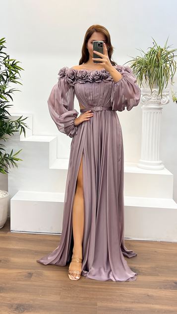 Powder Boat Neck Rose Detail Plus Size Evening Dress
