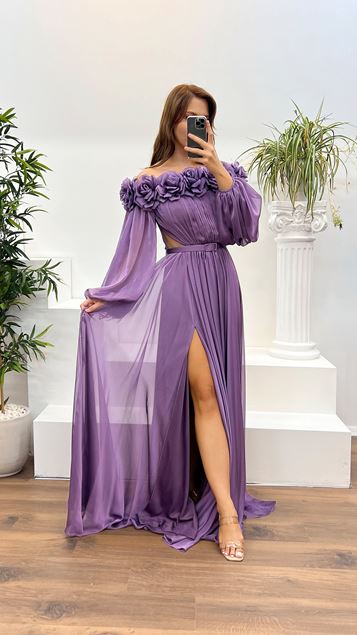 Lilac Boat Neck Rose Detail Plus Size Evening Dress