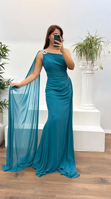 Petrolfarbenes One-Shoulder-Abendkleid in Übergröße mit Stickereidetail