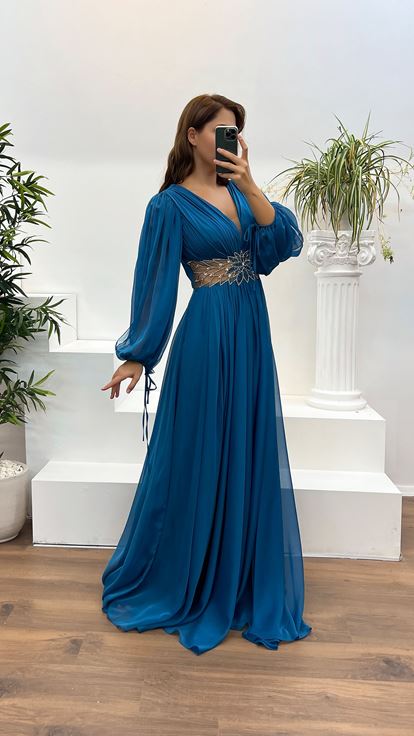 Robe de soirée turquoise à col en V et taille brodée, grande taille