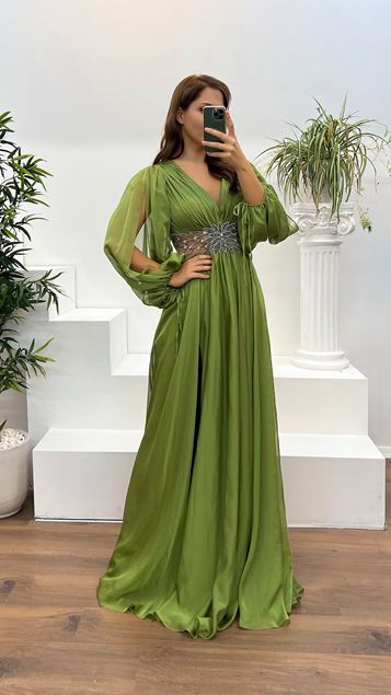 Robe de soirée kaki à col en V et taille brodée, grande taille