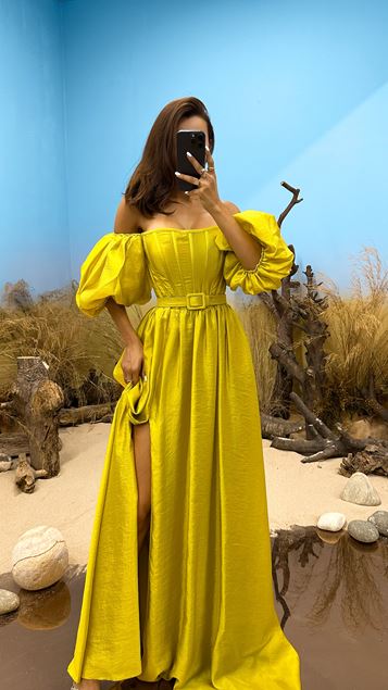 Vestido de noche con diseño de manga globo verde manzana