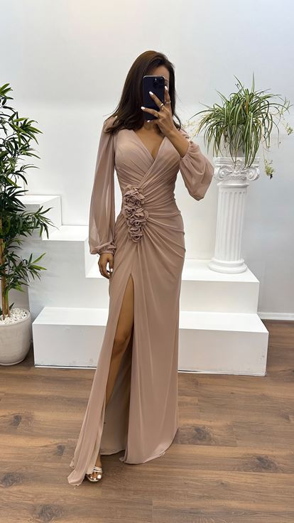 Nude Color Long Sleeve Waist Rose Detail Evening Dress