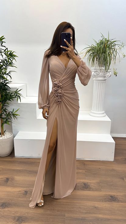 Nude Color Long Sleeve Waist Rose Detail Evening Dress