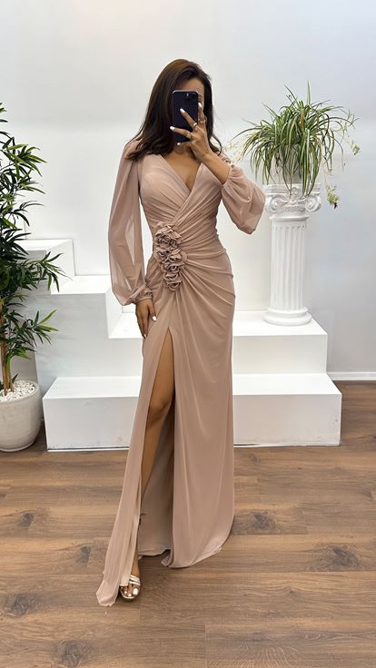 Nude Color Long Sleeve Waist Rose Detail Evening Dress