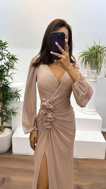 Nude Color Long Sleeve Waist Rose Detail Evening Dress
