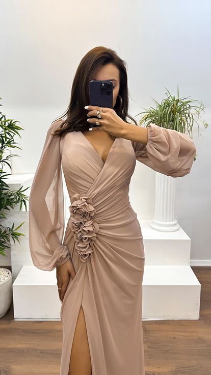 Nude Color Long Sleeve Waist Rose Detail Evening Dress