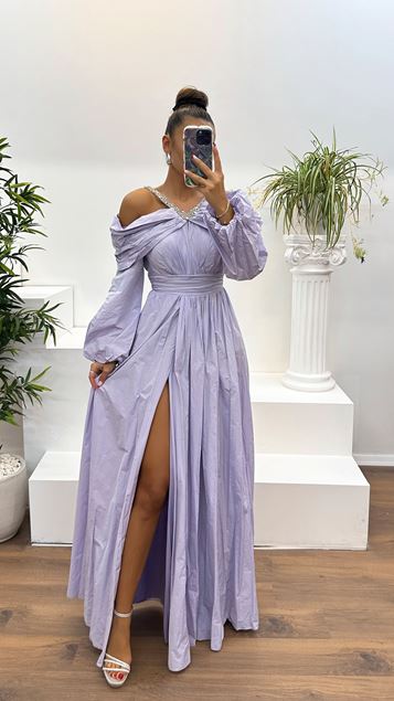 Lilac Neck Detailed Balloon Sleeve Evening Dress