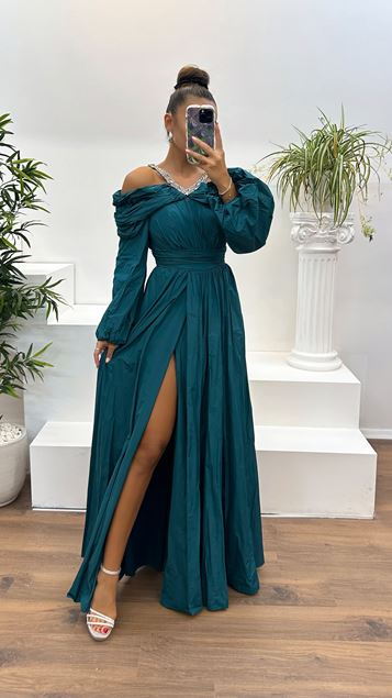 Petrol Collar Detail Balloon Sleeve Evening Dress