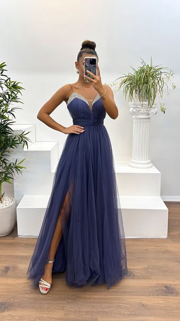 Lavender V-neck Stone Detail Tulle Evening Dress