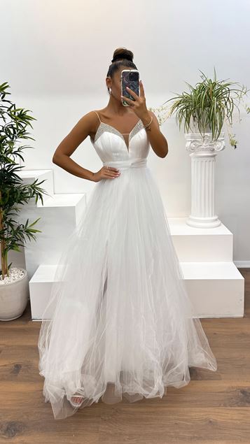 Bone V-Neck Stone Detail Tulle Evening Dress