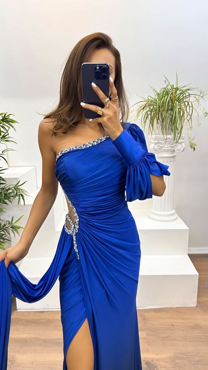 Saks One Shoulder Waist Stone Detail Evening Dress