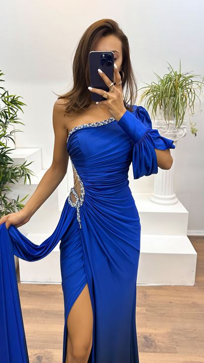 Saks One Shoulder Waist Stone Detail Evening Dress