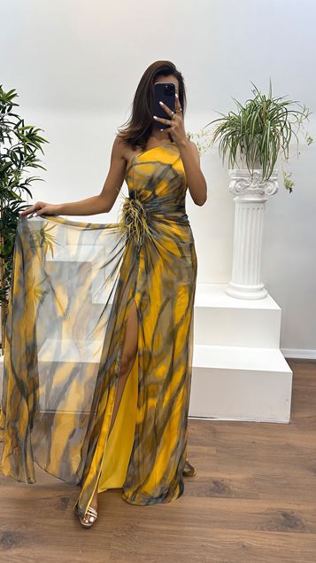 Yellow One-Shoulder Waist Feathered Rose Pattern Design Dress