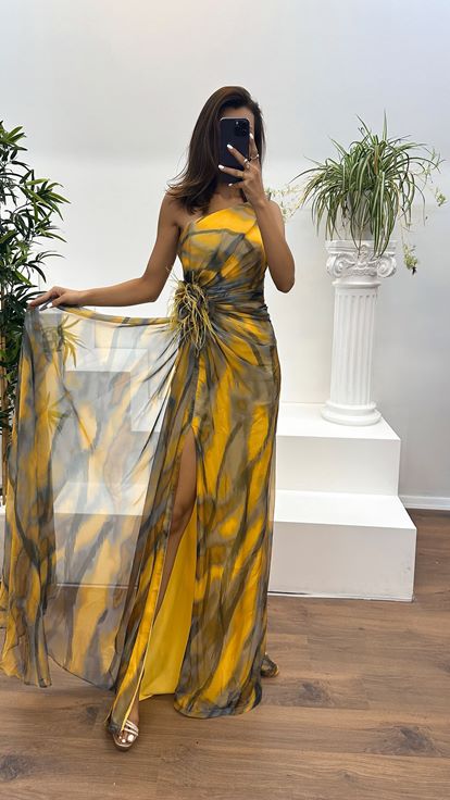 Yellow One-Shoulder Waist Feathered Rose Pattern Design Dress