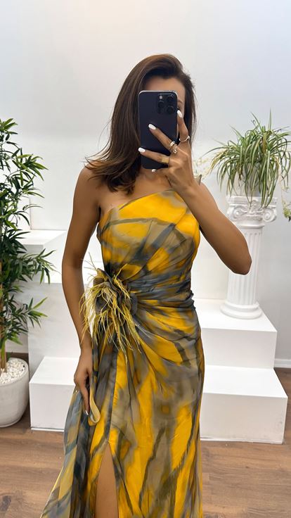 Yellow One-Shoulder Waist Feathered Rose Pattern Design Dress