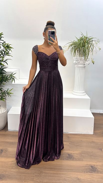 Mürdüm Taş Detay Drapeli Abiye Elbise