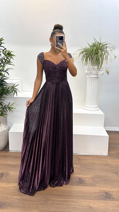 Mürdüm Taş Detay Drapeli Abiye Elbise