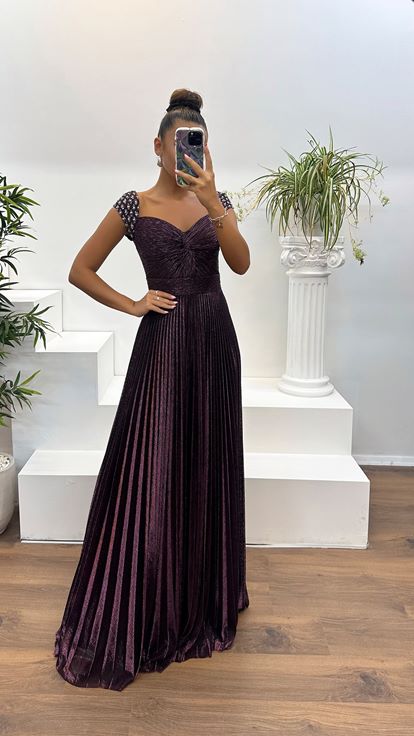 Mürdüm Taş Detay Drapeli Abiye Elbise