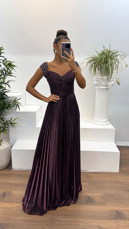 Mürdüm Taş Detay Drapeli Abiye Elbise