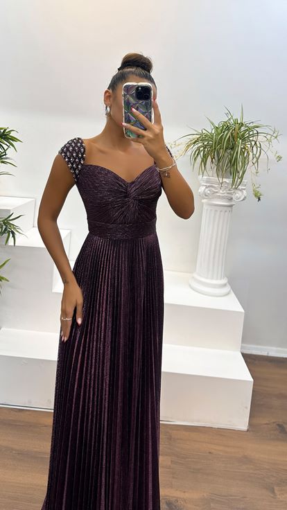 Mürdüm Taş Detay Drapeli Abiye Elbise