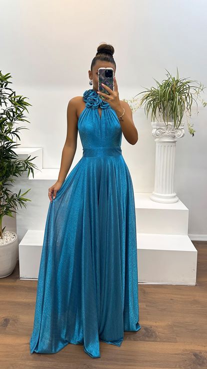Blue Halter Neck Evening Dress