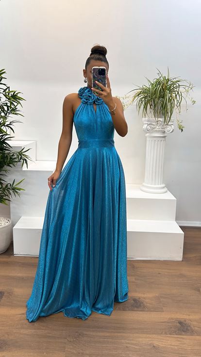 Blue Halter Neck Evening Dress