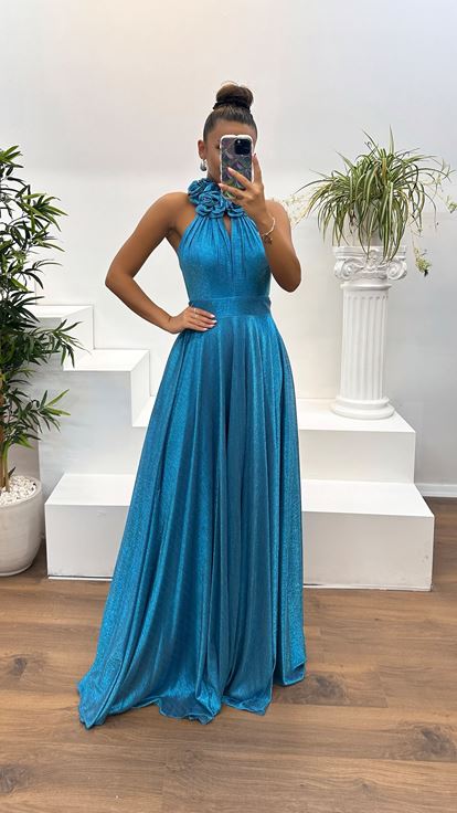 Blue Halter Neck Evening Dress