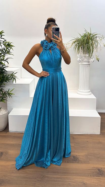 Blue Halter Neck Evening Dress