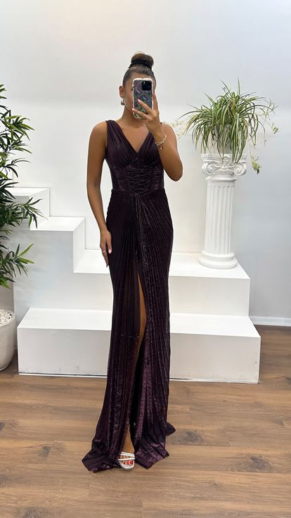 Mürdüm V Yaka Bel Detay Abiye Elbise