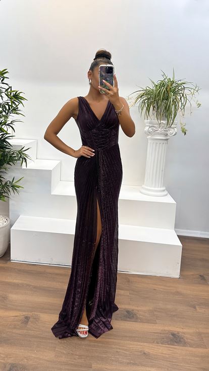 Mürdüm V Yaka Bel Detay Abiye Elbise