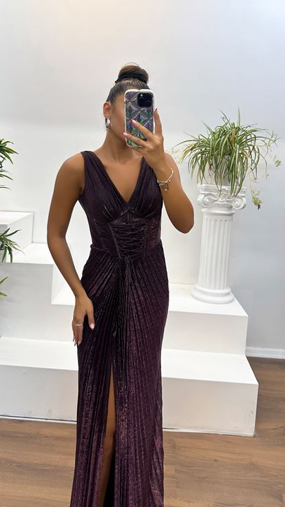 Mürdüm V Yaka Bel Detay Abiye Elbise